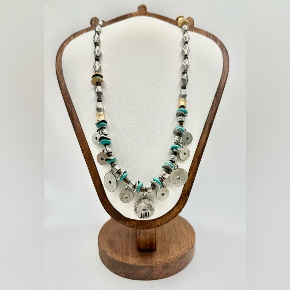 J Jill Artisan Turquoise Beaded Disc Necklace with Silver Tone Metal Charms